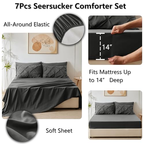 CozyLux Queen Comforter Set Dark Grey, 7 Pieces Pintuck Bed in A Bag, Premium Dark Gray Comforter Queen Size, Pinch Pleat Bedding Sets with Comforter, Sheets, Pillowcases & Shams