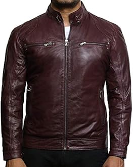 BRANDSLOCK Mens Genuine Leather Biker Jacket Vintage Crinkle Retro (XXL, Burgundy)