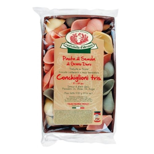 Rustichella d'Abruzzo | Conchiglioni Tricolor Sémola Trigo Duro con Tomate y Espinacas | Pasta Trefilada Bronce Artesanal Secado Lenta - 1 x 500 Gr