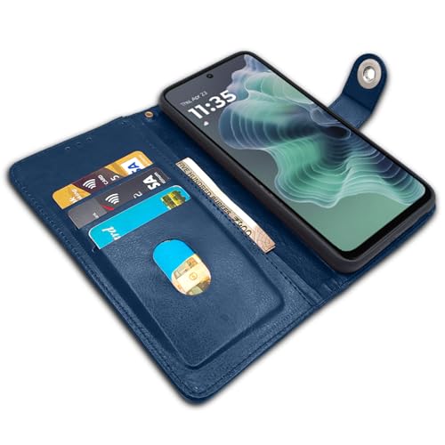Image of Pikkme Flip Cover Leather Finish | Inside TPU with Card Pockets | Wallet Stand and Shock Proof | Complete Protection Button Flip Case for Moto G35 5G(Blue)