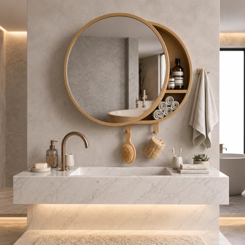Image of CIPLA PLAST Rich Look Bathroom Cabinet with Mirror | Storage Organiser | Strong Plastic Bathroom Shelves Wall Mounted | Bathroom Accessories| Mirror Cabinet (2, Champagne Gold, Round)