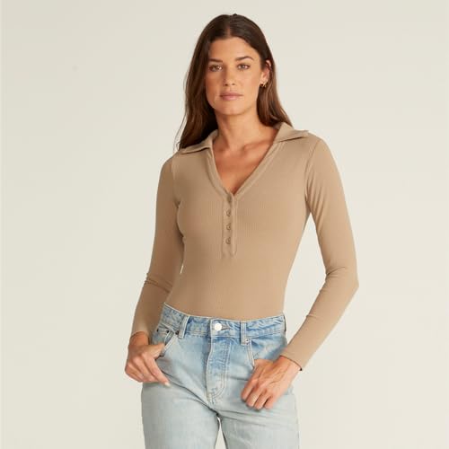 Image of BYLT Ribbed Long Sleeve Bodysuit for Women with Built-In Bra - Collared Moisture Wicking Body Suit - Fitted Thong Bodysuits