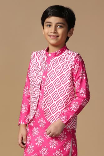 Image of Fashion Dream Boy's Cotton Blend Printed Kurta Pyjama And Jacket Set|Kurta And Payjama Set
