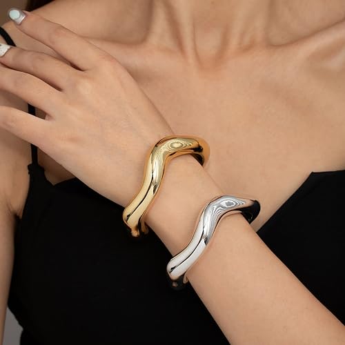 Gold Bangle Bracelets for Women,Cuff Bracelet, 18K Gold-plated Open Bangle Bracelet, Wave Twisted Hinged Open Bangle Bracelets, Gold Plated Thick Cuff Bracelets Trendy Jewelry Gifts ﻿4
