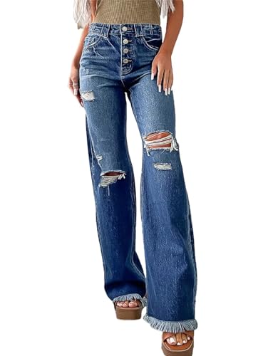 Flamingals Straight Leg Jeans for Women High Rise Casual Wash Cut Out Raw Hem Button Fly Denim Jeans