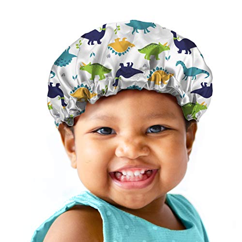 Babrukda Kids Hair Cover, Children Satin Bonnet, Boys Girls Satin Sleep Cap, Adjustable Elastic Band Beanie Hat for Night Sleeping Easy Clean Headwear for Toddler Baby Dinosaur