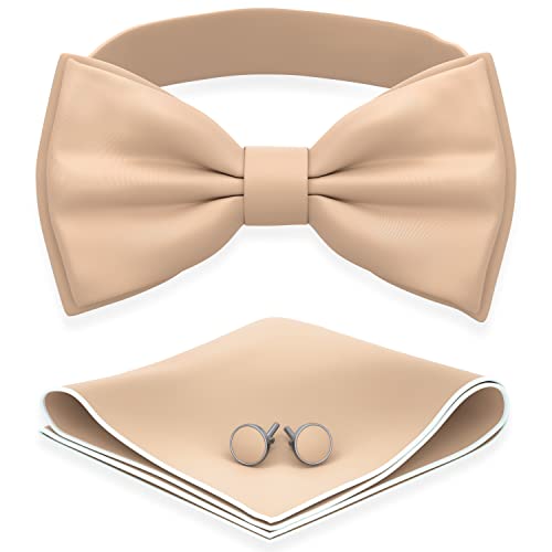 Image of Adam Young Men's Bow Ties with Handkerchief & Cufflinks Pre-Tied Style Formal Satin Classic Bowtie for Tuxedo Faux Silk