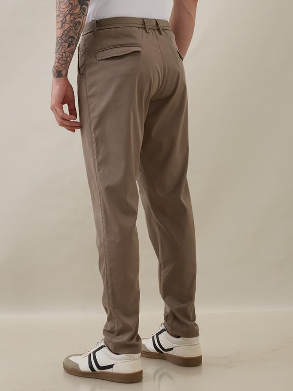 Image of Nostrum Men's Smart-Casual Tapered Trousers for Men, Charcoal, Cotton Corduroy, Mid Rise, Regular Slim Fit with Adjustable Belt, Side and Back Pockets, Casual Wea