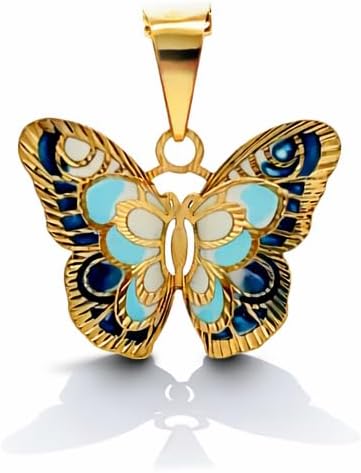 14k Solid Gold Butterfly Pendant, Hand-Painted Butterfly Charm, Blue Enamel, Animal, Insect Necklace, Authentic 14k, 585 Stamped