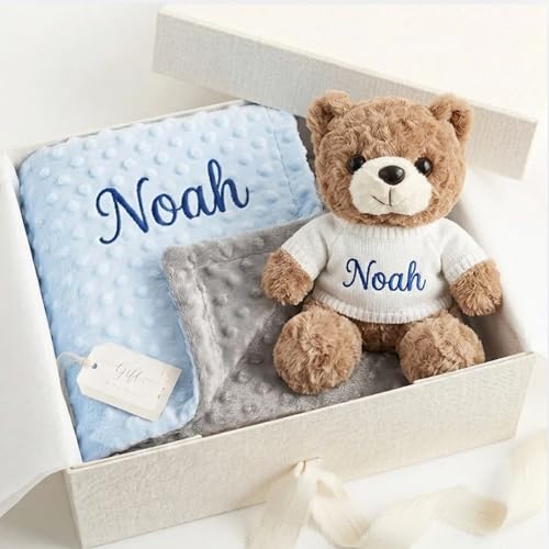 Kryvoxc Personalized Baby Blanket with Optional Teddy Bear Custom Minky Dot Baby Blanket with Embroidered Name Custom Newborn Baby Gift Set for Showering Teddy Bear Add-on