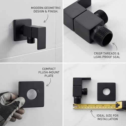 Image of InArt Wall Mounted Brass Angle Valve for Bathroom & Kitchen | Angle Stop Cock with Wall Flange | 80x40x48mm, Black Finish - 5 Year Warranty