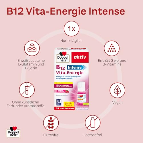 Doppelherz B12 Intense Vita-Energie – hochdosiert mit 500 µg Vitamin B12 pro Trinkfläschchen – 18 Ampullen – vegan