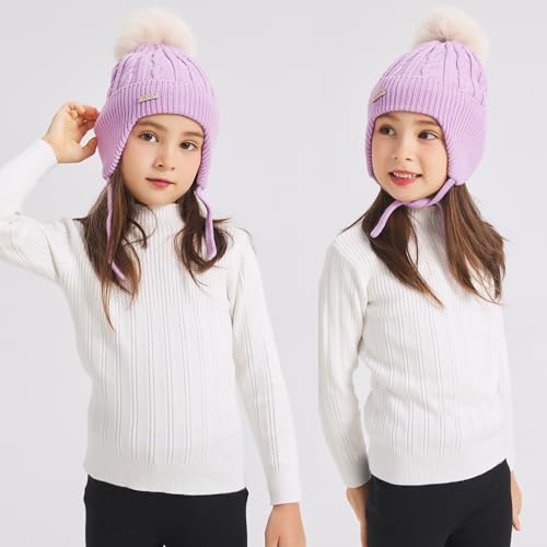 ZLYC Kids Girls Boys Winter Hats Cotton Lined Pom Pom Beanie Earflap Knitted Cap3
