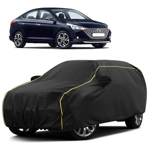 Image of Sulfar 100% Water Resistant Car Body Cover Compatible with Mirror for Hyundai Verna (Triple Stitched, Full Bottom Elastic, Black Taffeta with Yellow Piping)