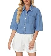 LifeShe Women's Cropped Denim Shirt Summer Button Down Short Sleeve Casual Jean Jacket with Pocket