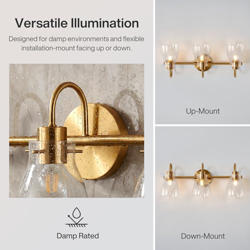 Tribesigns Bathroom Light Fixtures, 3-Light Bathroom Vanity Lights Over Mirror with Clear Glass Shade, Brushed Gold Vanity Light for Bedroom Living Room Hallway, E26 Base by Tribesigns - Used condition - Image 5