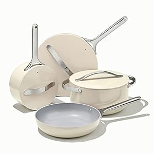Caraway Nonstick Ceramic Cookware Set (12 Piece) Pots, Pans, Lids and Kitchen Storage – Non Toxic, PTFE & PFOA Free – Oven Safe & Compatible with All Stovetops (Gas, Electric & Induction) – Cream