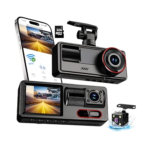 MYDASHOFF Dashcam pour Voiture Facile d'installation 1080P haute définition WIFI 3 caméras Avant Arrière,Carte SD 32Giga,Camera Grand Angle 170°,Vision Nocturne,WDR,G-Capteur,Mode Stationnement 24/24h