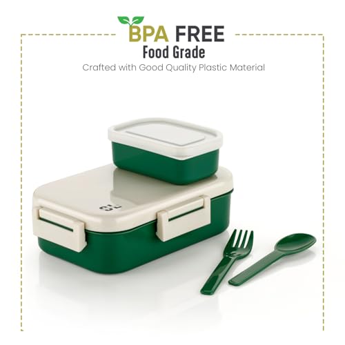 Image of Lunch Box with Spoon Fork & 1 Plastic Box | Leak Proof Lock Mechanism | Microwave Dishwasher & Freezer Safe Lunch Box for Kids & Adults School Office Use