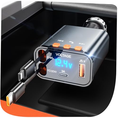 Retractable Car Charger,5 in 1 PD Car Phone Charger with Bluetooth 5.3 FM Transmitter,Handsfree Call and MP3 Player,2 Retractable Cables and USB Charging Adapter for Cars Phone,Galaxy,Pixel(Grey)