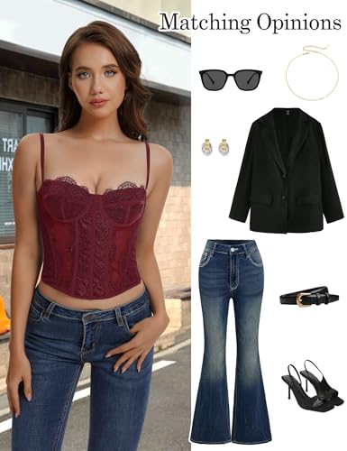 Image of Lace Corset Tops for Women Sexy Going Out Bustier Top Sleeveless Adjustable Straps Crop Tops with Back Hooks