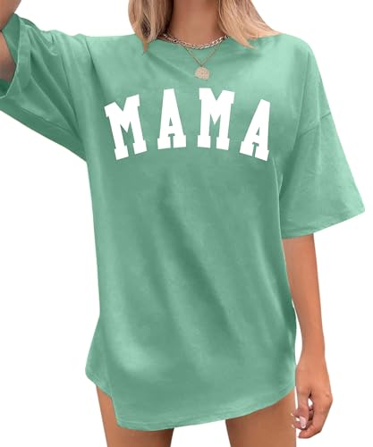 YI XIANG RAN Mama Shirt: Women Mom Short Sleeve Graphic T-Shirts Oversized Mama Tshirts(LightGreen, Medium)