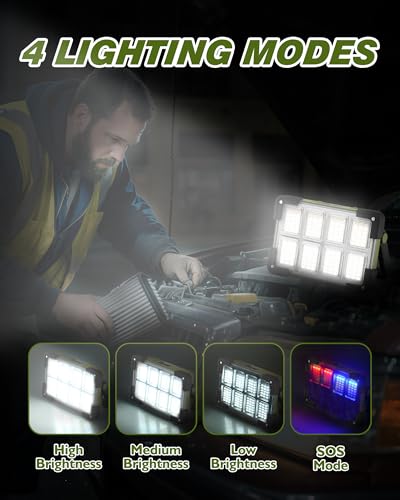 Image of 120W Solar Rechargeable Work Light, Portable Flood Light with Stand, 144 LED 10000LM Led Work Light with 4 Modes, IP66 Waterproof Outdoor Working Light for Emergency Repair Mechanic Camping