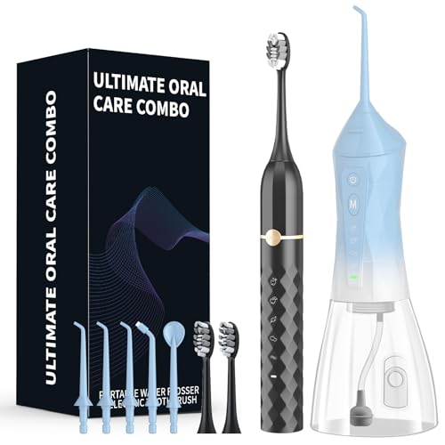 Juego de combinación de hilo dental y cepillo de dientes eléctrico, cepillo de dientes eléctrico sónico de 5 velocidades, irrigador dental portátil de 4 velocidades, súper impermeable, un gran regalo