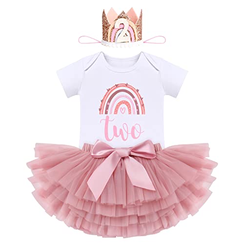 Baby Girls Rainbow 1st 2nd Birthday Outfit Romper Tutu Skirt with Diaper Cover Tulle Bloomers and Crown Headband 3PCS Infant Birthday Cake Smash Outfit for Photo Prop Dusty Pink Two + Crown 2 Years