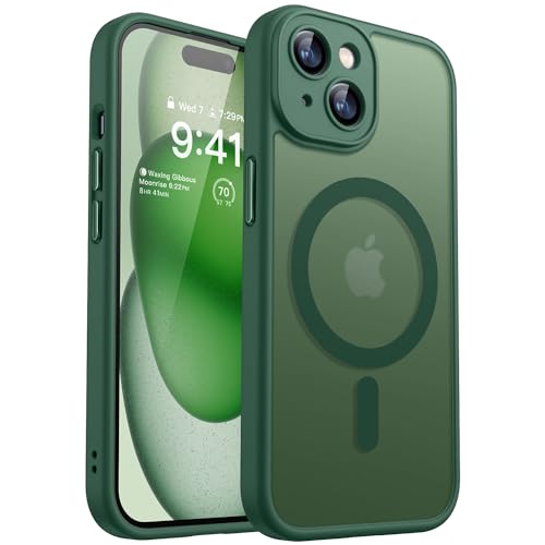 CANSHN Funda Magnética para iPhone 15 Plus, Compatible con MagSafe, [Protección Total de La Cámara], Carcasa Fondo Mate Translúcido 6.7 Pulgadas, Verde Oscuro