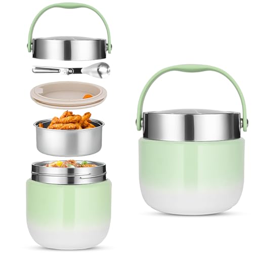 ACOMTUO Recipiente térmico para alimentos, 1200 ml, cuenco térmico con tapa, Termo para Comida de acero inoxidable con cuchara plegable, Adecuado para almacenar harina, sopa, almuerzo, queso Verde