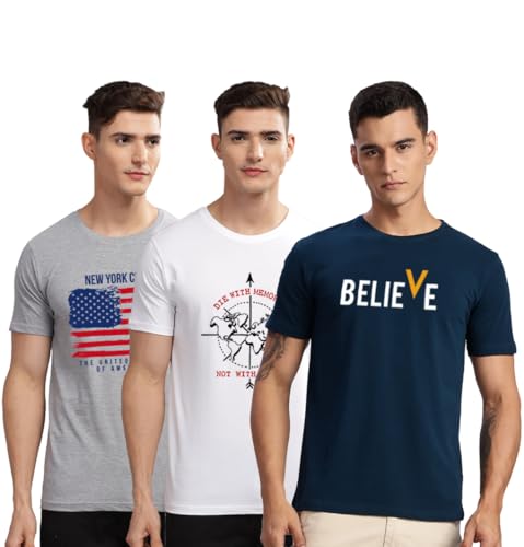 Image of ADRO 100% Cotton Lycra Tshirts for Men Combo Pack of 3 | Regular Fit | Printed T Shirt | Round Neck Half Sleeve| Mens Tshirts