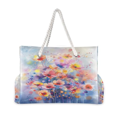 Colorful Watercolor Painting Beach Bag with Top Zipper Closure, Waterproof Pool Bag, Large Beach Tote for Women#2512