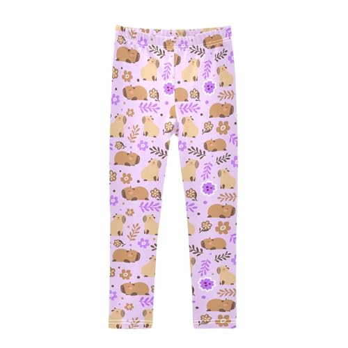 Cute Capybara Purple Flowers Girls Leggings Soft Comfortable Athletic Leggings Dancing Pants for 4-10 Years