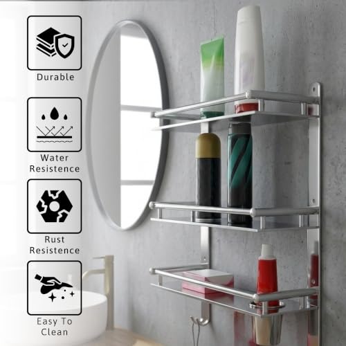 Image of GLOXY Premium Stainless Steel 3 Tier Bathroom Organizer Shelf Combo Pack of 2 - Wall Mount 3 Layer Shelf with Toothbrush & Soap Holder - Chrome Finish Bathroom Shelf with Multipurpose Hooks