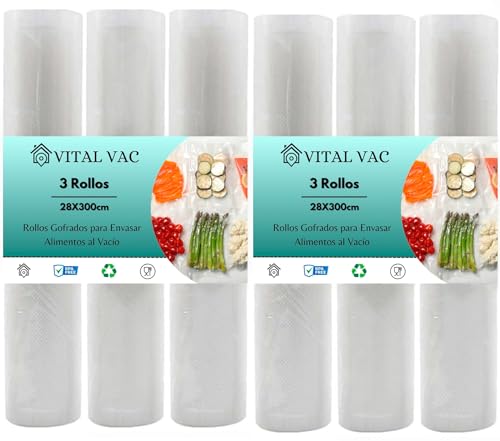 VITAL VAC 6 Rollos Para Envasar al Vacío Alimentos de 28x300 cm | Para Bolsas de Envasadora al Vacío | Reutilizables | Válidos para Conservación, Congelación, Microondas y Cocción Sous Vide
