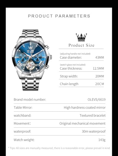 Image of OLEVS Automatic Self Winding Men's Wrist Watch Skeleton Stainless Steel Calendar Chronograph Waterproof Luminous Luxury Gift Branded Watch for Man
