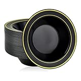 JOLLY PARTY 50PCS Black Plastic Bowls with Gold Rim-12oz, Christmas Thanksgiving Premium Disposable Soup Dessert Salad Bowls for Wedding/Party/Halloween