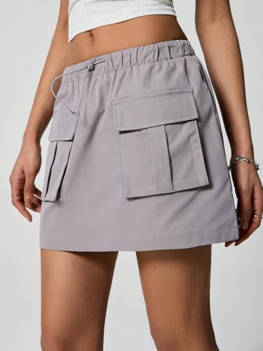 Trend Women's Summer Basic Skirt Solid Color Pocket Drawstring Waist Cargo Skirt For Beach3
