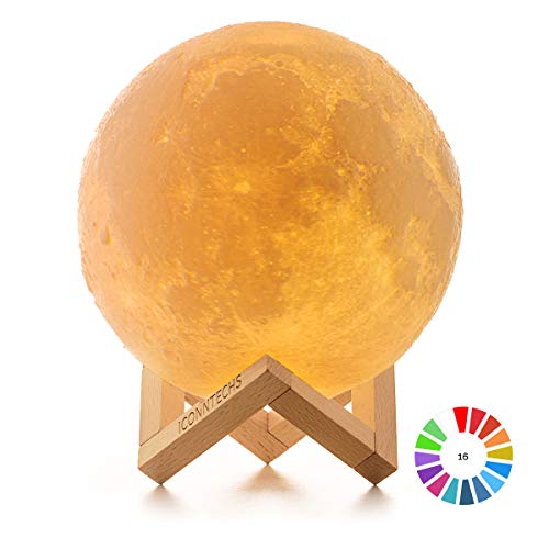 Lámpara Luna 3D, ICONNTECHS Brillo Regulable 16 Colores RGB Recargable USB Control remoto y Control táctil LED Lunar Luz Nocturna Decorativa para Dormitorio, Salón, Regalo para Mujeres y Niños 20cm, L