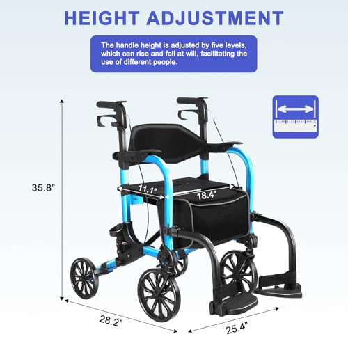 Image of Foldable Rollator Walker with Seat for Seniors,Lightweight 2-in-1 Rolling Walkers and Wheelchair Combo with Adjustable Handle Height,Transport Chair with Brakes 300 lbs Weight Capacity