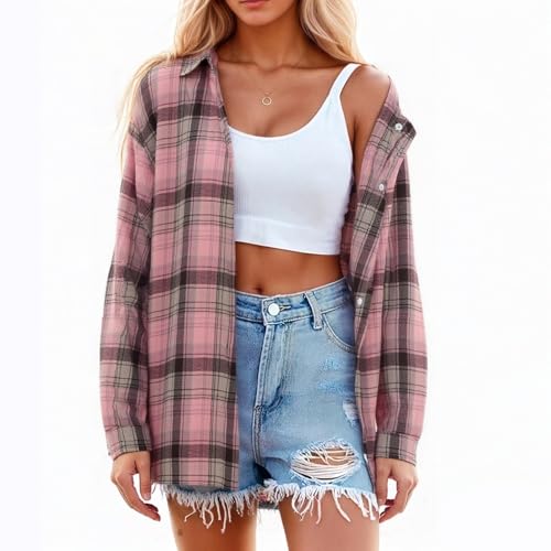 Flannel Shirt Women Casual Long Sleeve Button Down Plaid Shirts Collared Business Casual Loose Fit Cowgirl Tops4