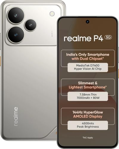 Image of realme P4 5G (Steel Grey, 8GB RAM, 128GB Storage) | MediaTek Dimensity 7400 Octa-Core Processor | 50MP + 8MP AI Dual Camera | 16MP Front Camera | 6.77-inch FHD+ Flexible AMOLED 120Hz Display |