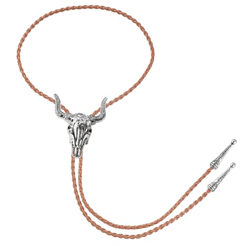 Image of GelConnie Longhorn Bull Bolo Tie for Men Native American Western Cowboy Leather Necktie Bolo Necklace for Women Gold Texas