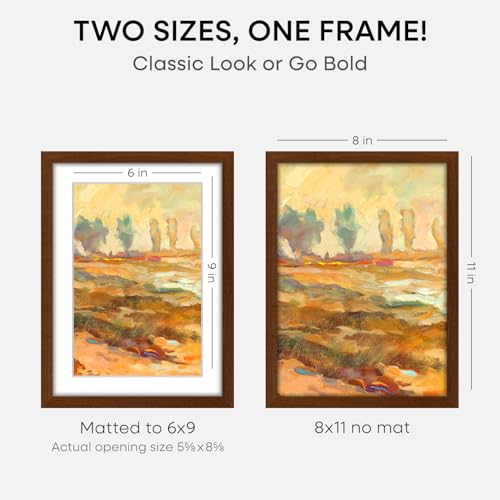 Image of Homeforia 8x11 Brown Oak Picture Frame, High-End Wood, 6x9 Mat, Glass | High End Solid Oak Wood, Tempered Glass, Acid-Free 6x9 Removable Mat, 8x11 Edge-to-Edge Display 11x8, Wall Kit, Set Of 1