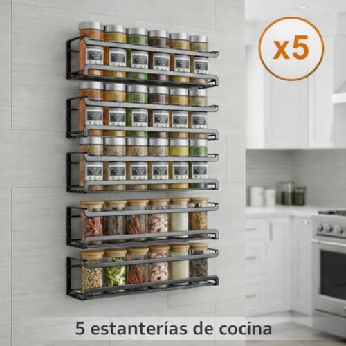 MARTIABRANDS GLOBAL 5 UNIDADES | Especiero de Pared sin Taladro – Especieros de Cocina – Estanterías Metálicas Negro Mate – Adhesivo 3M o Tornillos – Incluye Nivelador - imagen 6
