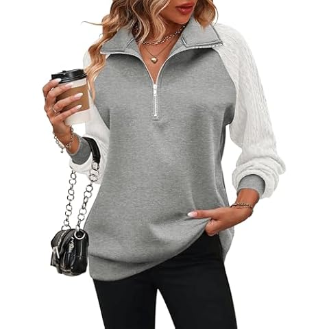 Zeagoo Women's Sweatshirt Casual Fleece Quarter Zip Pullover Lightweight Cable Knit Sleeve Sweatshirts for Fall and Winter, Grey/White L Cover