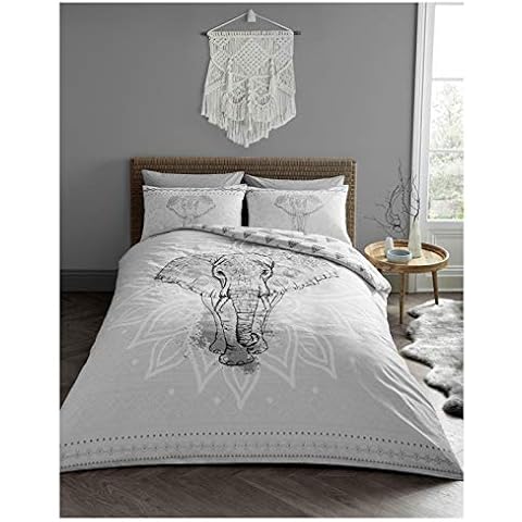 FAIRWAYUK Elephant Mandala Bedding Sets, Grey Duvet Covers Double Set with Pillowcase, Reversible Ultra Soft Quilt Covers, Easy Care, 200x200cm Cover