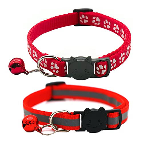Hepplly 2-Pack Cat Collars Quick Release Reflective Kitten Collar with Bell (Red), Black