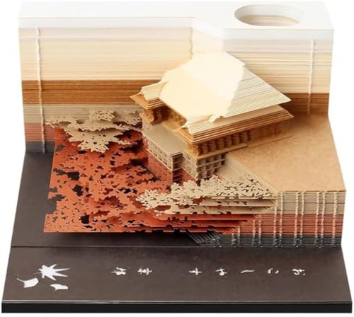 uuClub 3Dメモ帳、3D付箋、ペンホルダー付き芸術的パッド、切り離せる、ペーパークラフトビルディングブロック、多機能ポストノート、オフィスホームデコレーション用メモパッド (清水寺-黄色)